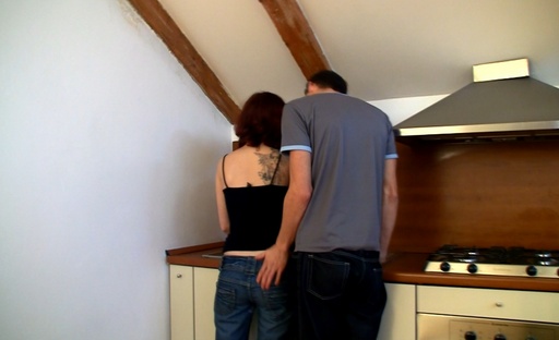 Fuck hungry slut sucks cock on the kitchen